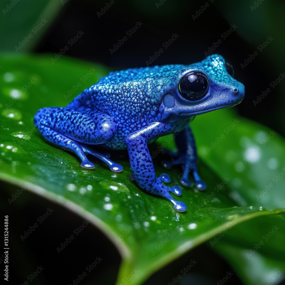 Obraz premium Vibrant blue poison dart frog perched on a dewy green leaf.