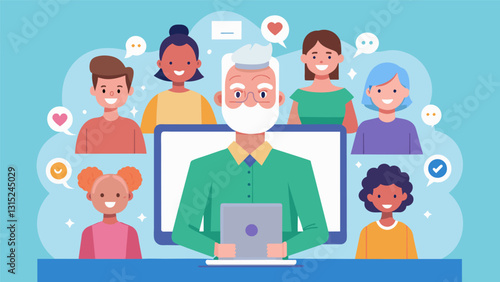 A teen enthusiastically showing a group of seniors how to use video chat to stay connected with family and friends.. Vector illustration