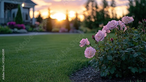 Fototapeta Naklejka Na Ścianę i Meble -  Vibrant pink roses add beauty to a blue-gray beach home as sunset casts a warm glow over Nantucket Island's picturesque landscape
