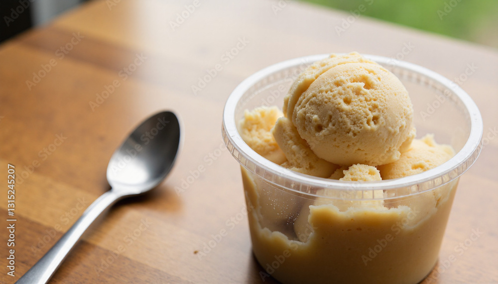 Ice cream scoop in cup on wooden table Ice cream scoop in cup on wooden table