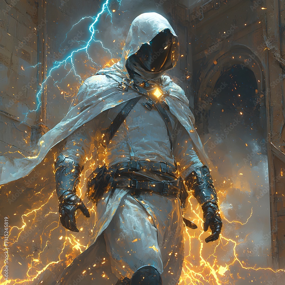 Cloaked Knight Surrounded by Glowing Lightning Bolts in Storm Cloaked Knight Surrounded by Glowing Lightning Bolts in Storm