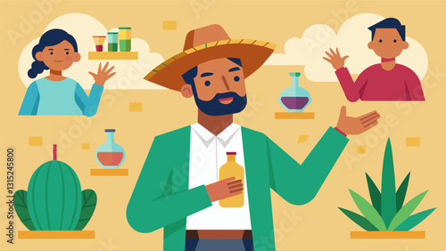 The tour guide shares interesting facts and anecdotes about the history of tequila and its significance in Mexican culture.. Vector illustration