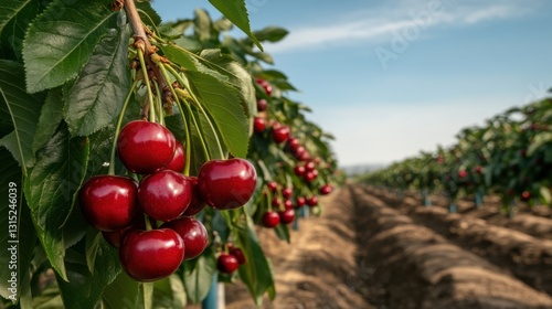 Cherry orchard in Chile showcases vibrant rows of ripe fruit ready for harvest in a sunny landscape
