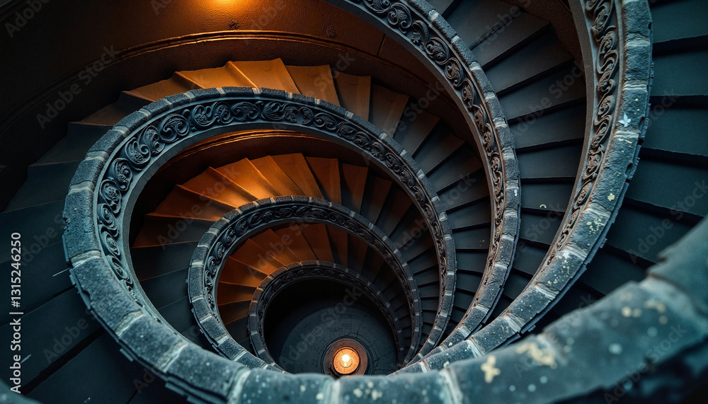 Obraz premium Dark stone spiral staircase in an ancient tower with intricate designs illuminated by ambient dusk light