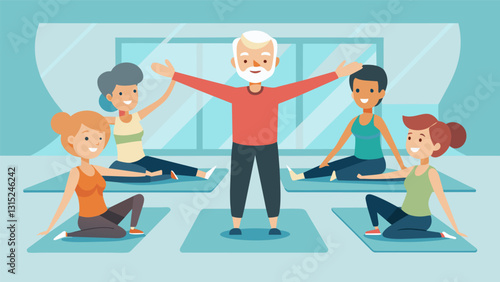 A smiling instructor leading a class of older adults through a series of modified Pilates exercises catering to their individual abilities and limitations.. Vector illustration