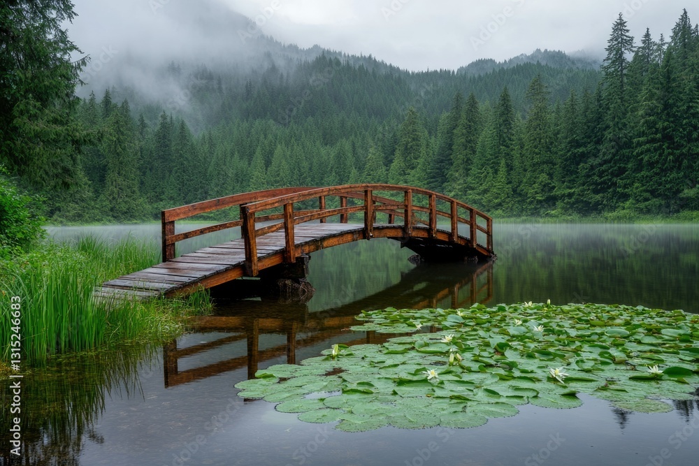 Fototapeta premium Serene wooden bridge spanning a misty lake, surrounded by lush green forest and water lilies.