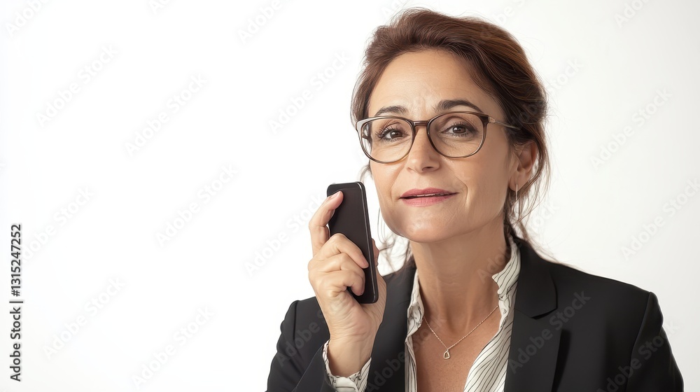 A businesswoman talking on a smartphone with a professional expression, in a modern office, on a white isolated background A businesswoman talking on a smartphone with a professional expression, in a modern office, on a white isolated background