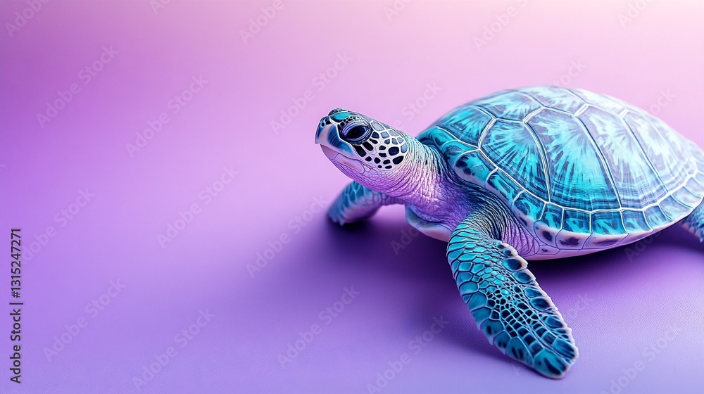 Fototapeta premium Turquoise turtle on lavender background, high-resolution wildlife contrast composition with smooth textures