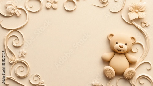 A golden baby shower invitation card with embossed teddy bear and elegant script, warm and charming