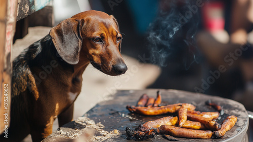 Curious Dachshund Looking at Grilled Sausages on a Rustic Table – Horizontal Format