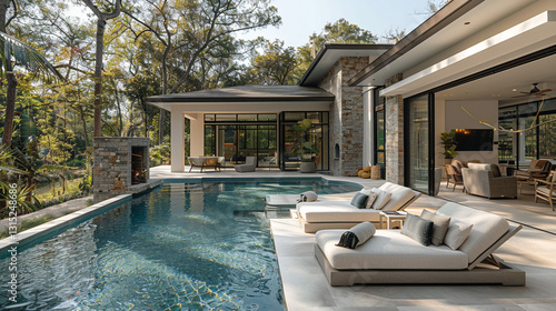 Modern luxury home backyard with pool and patio furniture. Spacious outdoor living area with a swimming pool, lounge chairs, and a contemporary home design.