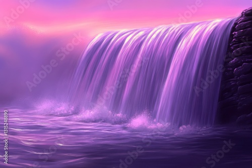 Serene waterfall cascading into a tranquil pool, surrounded by vibrant purple skies at sunset