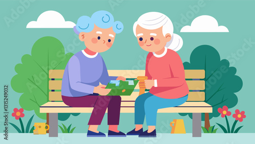 Two elderly neighbors sat side by side on a park bench diligently working together to piece together a challenging puzzle their friendship strengthened by their shared love for. Vector illustration