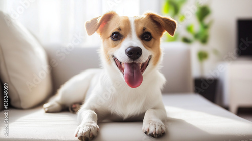 Happy Dog Lying on a Sofa in a Bright Living Room – Horizontal Format