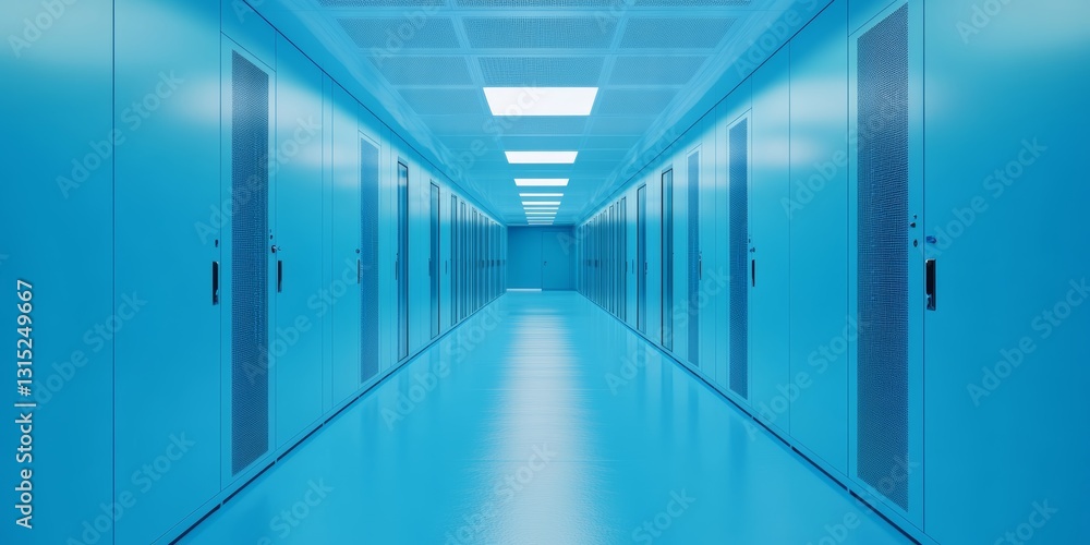 Obraz premium A modern blue hallway featuring storage cabinets, showcasing a clean and organized design. The symmetrical layout emphasizes a futuristic and high-tech environment.