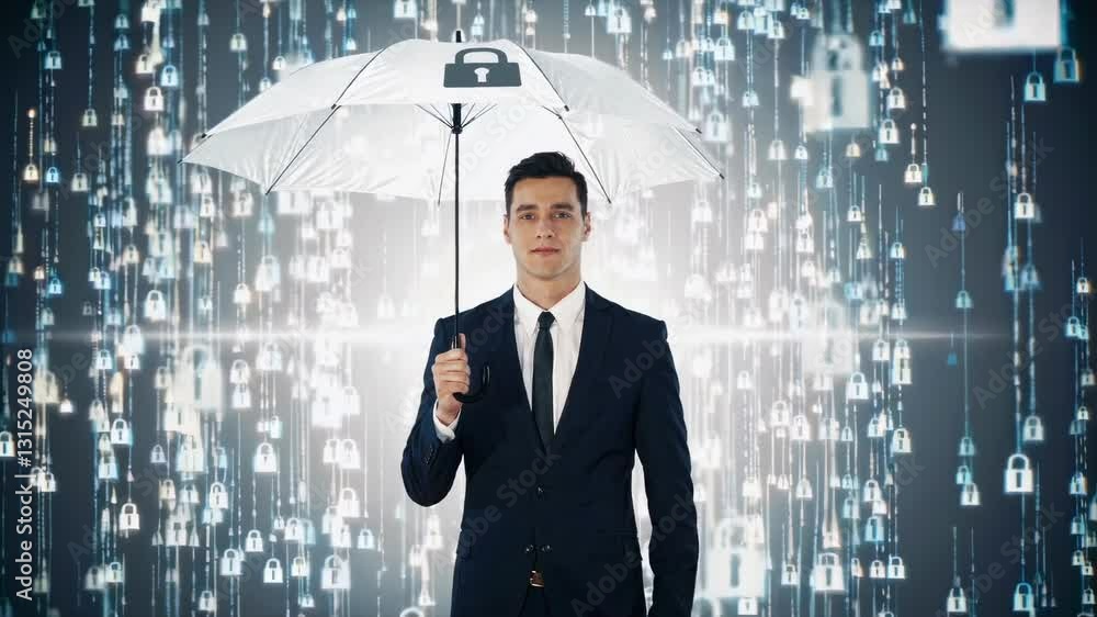 Businessman Holding Digital Umbrella Shielding from Falling Data Cybersecurity Concept 4K Video Businessman Holding Digital Umbrella Shielding from Falling Data Cybersecurity Concept 4K Video