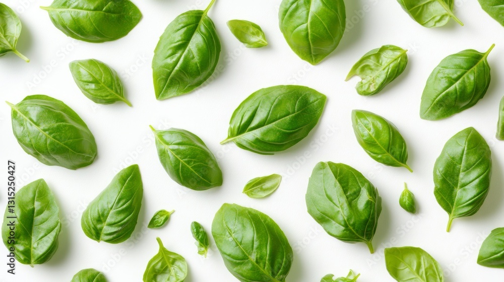 Lively, fresh basil leaves displayed on a white backdrop, highlighting their deep green hue and unique form Lively, fresh basil leaves displayed on a white backdrop, highlighting their deep green hue and unique form