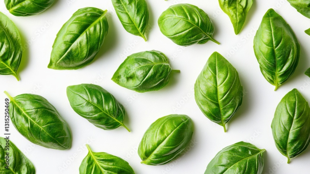 Fresh, vivid basil leaves positioned on a white canvas, showcasing their intense green color and unique silhouette Fresh, vivid basil leaves positioned on a white canvas, showcasing their intense green color and unique silhouette
