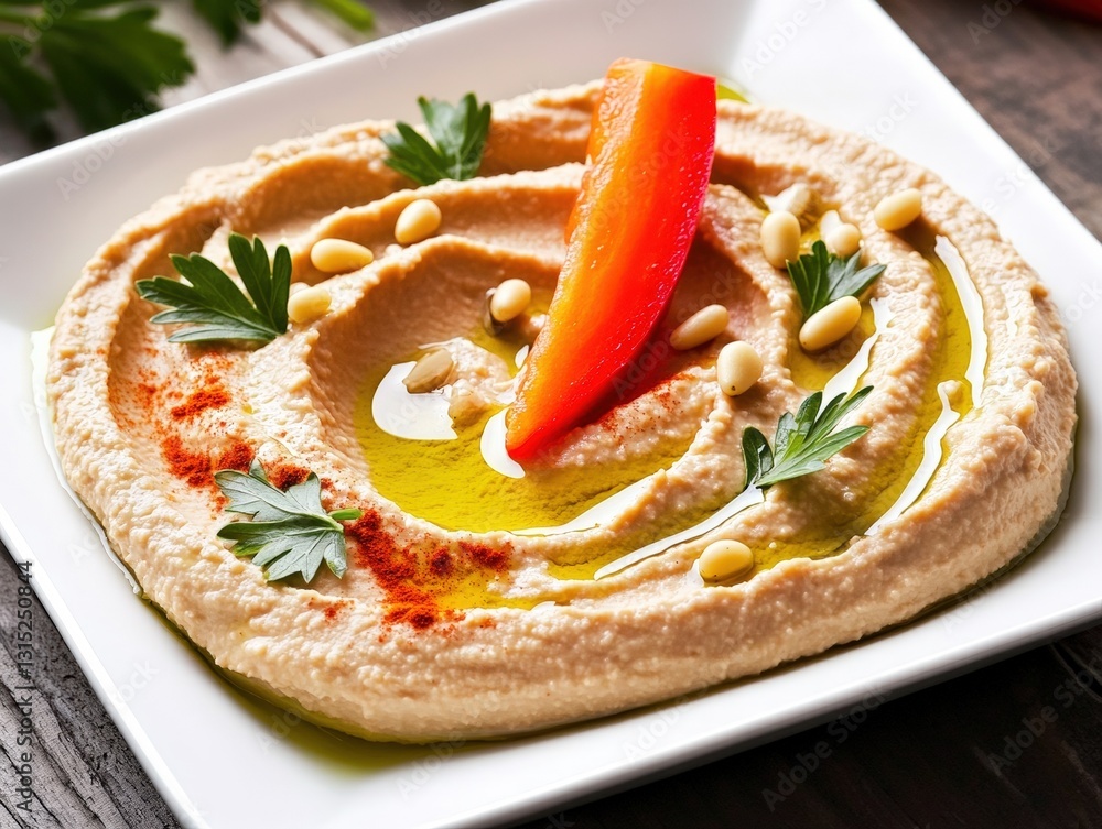 Classic hummus with red bell pepper garnish served in a bowl with olive oil for a colorful and healthy snack option Classic hummus with red bell pepper garnish served in a bowl with olive oil for a colorful and healthy snack option