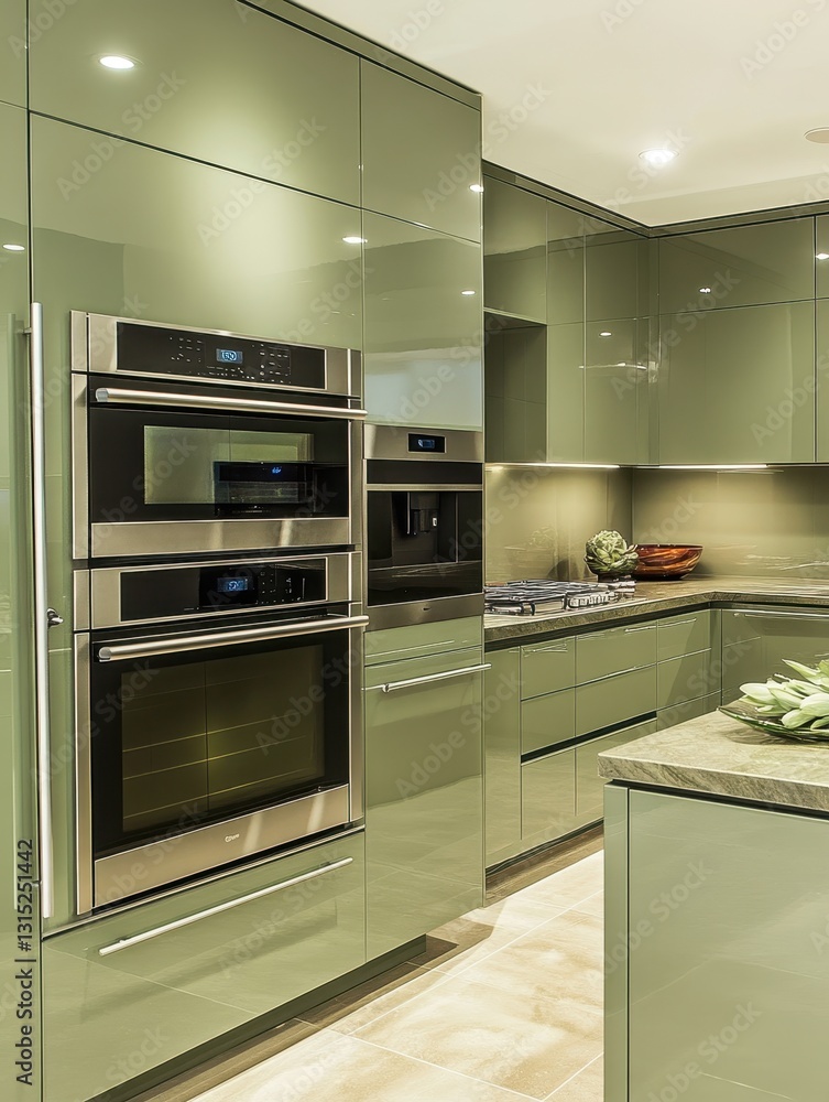 This is a modern kitchen with ovens and a clean design This is a modern kitchen with ovens and a clean design