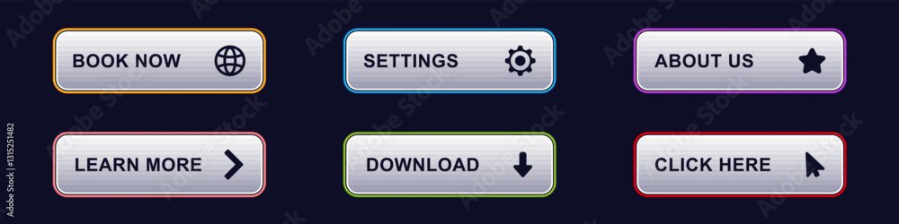 Six buttons with icons for booking, settings, about, learning, downloading, and clicking actions. Six buttons with icons for booking, settings, about, learning, downloading, and clicking actions.