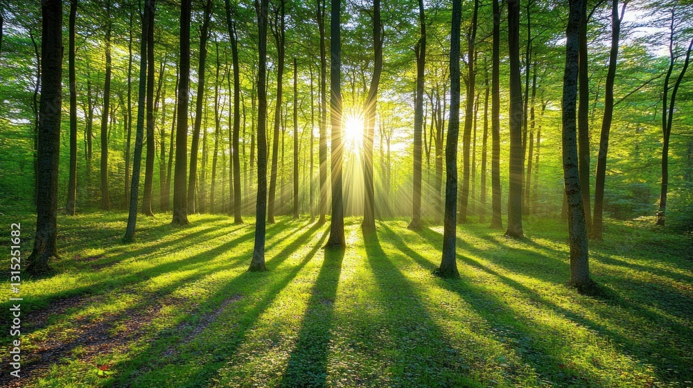 Obraz premium Sunbeams Illuminating a Serene Forest: A Picturesque Dawn in the Woods