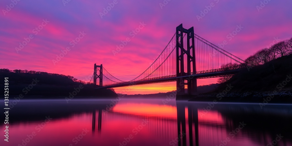 Fototapeta premium Pink Sunrise over Bridge, Calm River