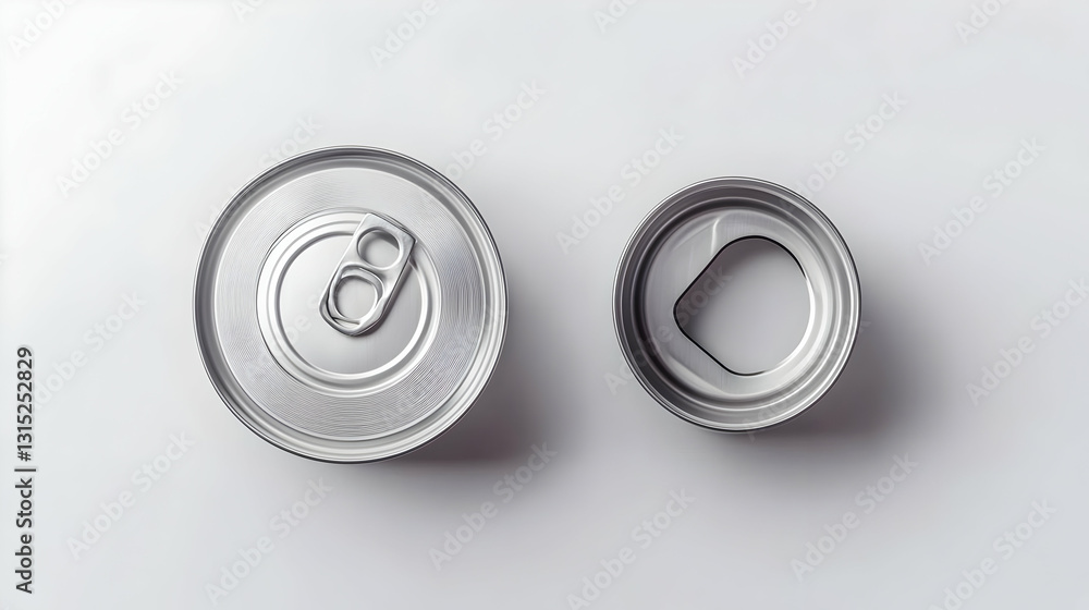 Two Aluminum Can Lids One Open And One Closed On A White Background With Soft Lighting Two Aluminum Can Lids One Open And One Closed On A White Background With Soft Lighting