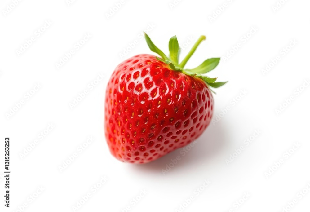 A single, ripe, red strawberry isolated on a pure white background, fruit, design element A single, ripe, red strawberry isolated on a pure white background, fruit, design element