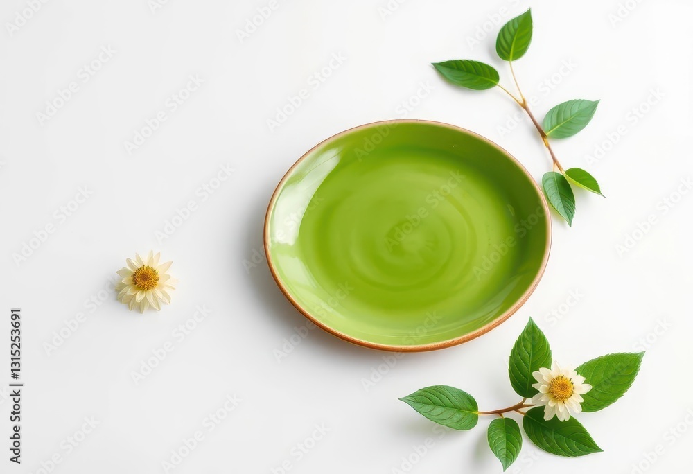 A vibrant green ceramic plate rests on a pristine white background, clean background, design A vibrant green ceramic plate rests on a pristine white background, clean background, design