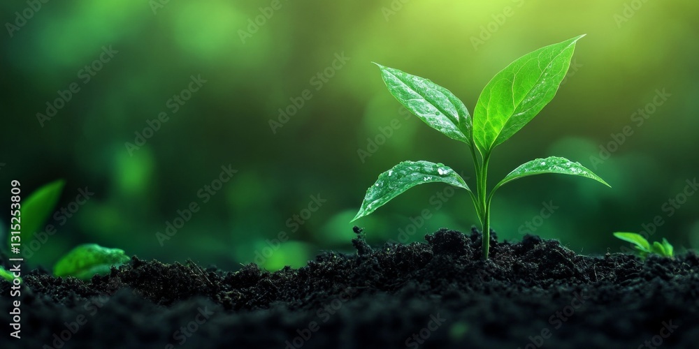 Fresh Green Seedling Emerging from Dark Soil with Dewdrops Glimmering in Soft Sunlight Fresh Green Seedling Emerging from Dark Soil with Dewdrops Glimmering in Soft Sunlight
