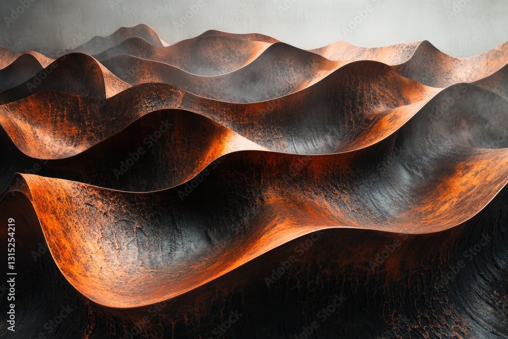 Abstract rendering of undulating, dark orange and black textured surfaces resembling a metallic landscape. Abstract rendering of undulating, dark orange and black textured surfaces resembling a metallic landscape.