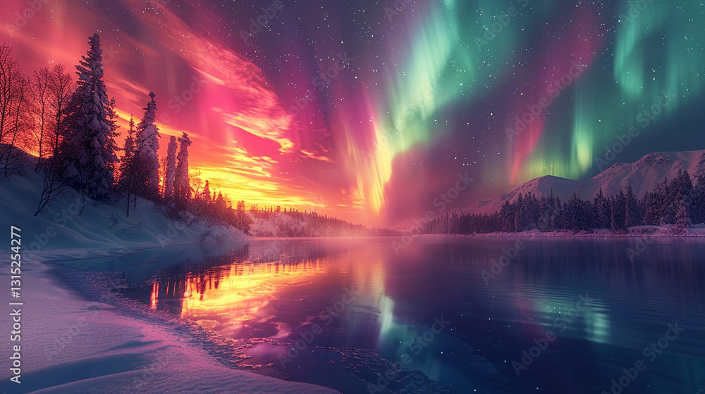 Fototapeta premium Winter wonderland, aurora borealis, sunrise over snow-covered river. Colorful northern lights reflecting on frozen river. Pine trees, tranquil landscape.