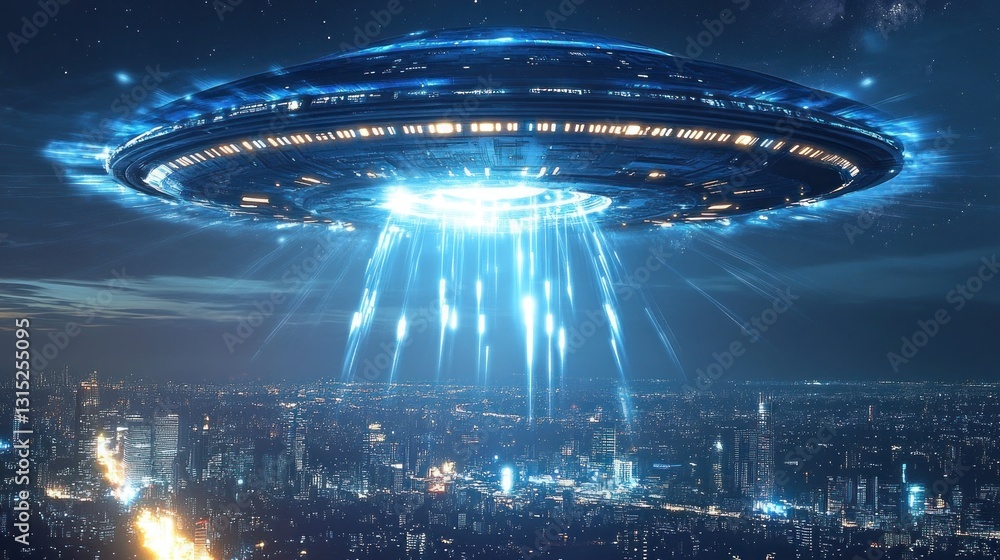 Fototapeta premium Alien spacecraft hovering over a city at night, emitting bright energy beams