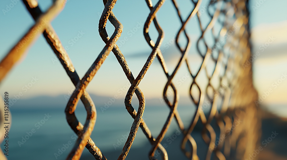 Weathered chain-link fence against blue sky with clouds Weathered chain-link fence against blue sky with clouds