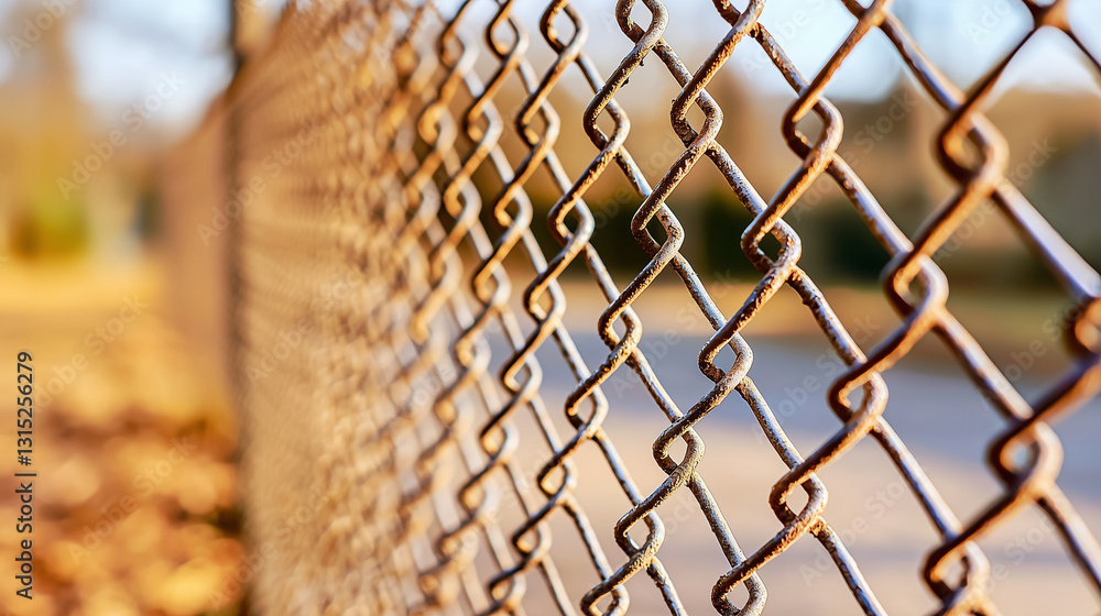 Fototapeta premium Weathered Chain-Link Fence with Shadows and Blurred Background