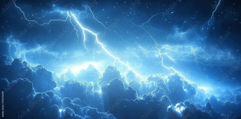 Fototapeta premium A dramatic display of dark, swirling clouds, illuminated by flashes of light, creating a mysterious and atmospheric sky