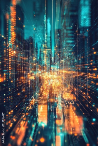 Dynamic Abstract Visual of Neon Lights and Digital Connectivity in an Urban Environment