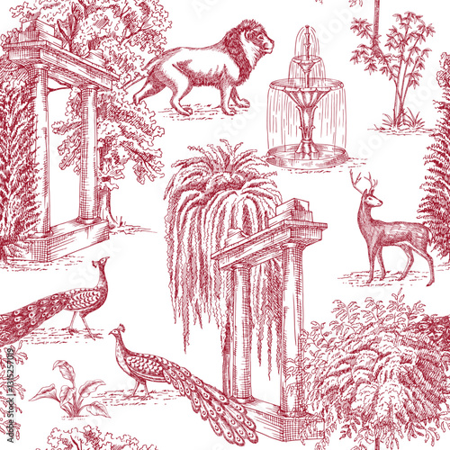 Toile park with lion, deer, peacock, column, fountain, tree, plant seamless pattern. Classic landscape wallpaper.	
