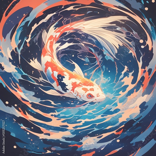 Glowing Koi Fish Swimming Through Clockwork Time Portal