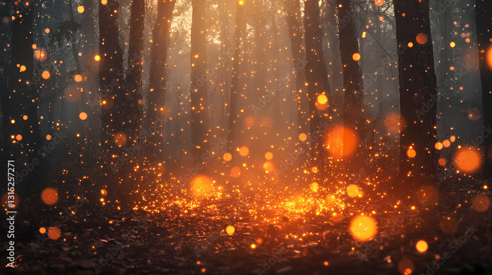 Abstract digital landscape with glowing orange particles and bokeh lights. Mystical - Forest. Illustration Abstract digital landscape with glowing orange particles and bokeh lights. Mystical - Forest. Illustration