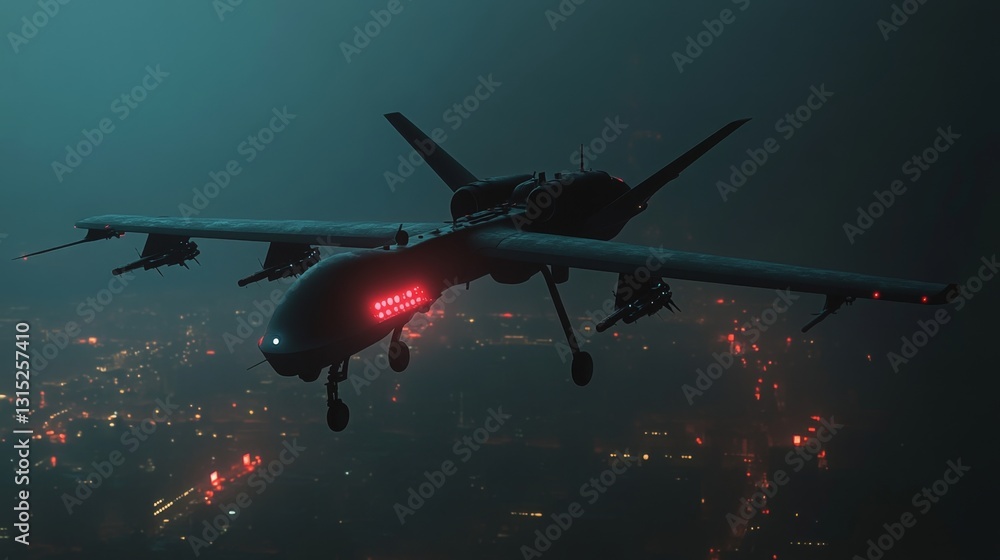 Naklejka premium Night Drone Over Cityscape - Futuristic Military Aircraft