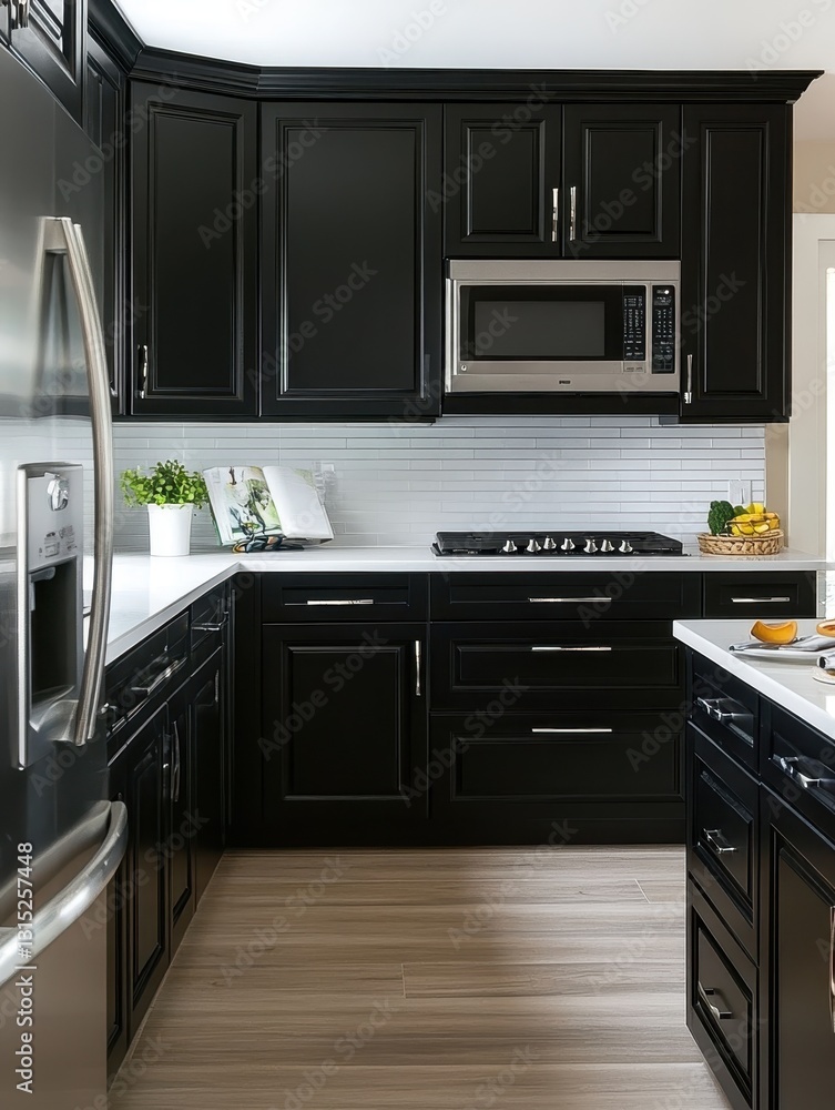 Fototapeta premium Modern kitchen shows a sleek design with dark cabinets