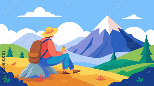 An elderly solo traveler hiking up a mountain pausing to take in the breathtaking view and capture it for their travel blog.. Vector illustration