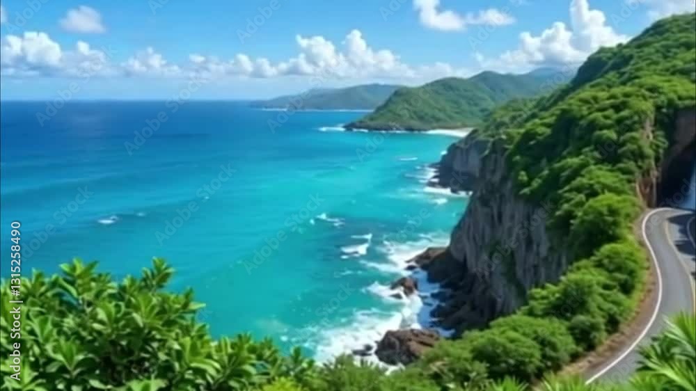flying over the green tropical ocean coast with a magnificent beach with yellow sand, azure water and light waves, road along the coast, white clouds in the sky, a narrow stream falls from a cliff int flying over the green tropical ocean coast with a magnificent beach with yellow sand, azure water and light waves, road along the coast, white clouds in the sky, a narrow stream falls from a cliff int