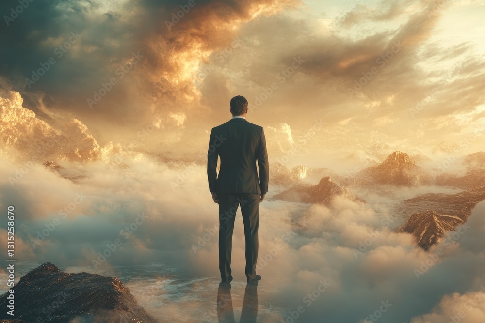 A businessman stands on a mountaintop, gazing at a breathtaking sunset over a sea of clouds. A businessman stands on a mountaintop, gazing at a breathtaking sunset over a sea of clouds.