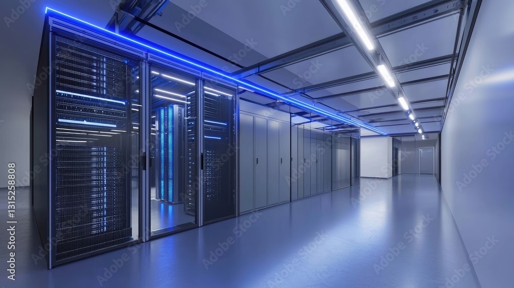 A modern data center with blue-lit server racks and sleek infrastructure, reflecting advanced cloud computing and security. Ideal for IT, cybersecurity, and digital storage A modern data center with blue-lit server racks and sleek infrastructure, reflecting advanced cloud computing and security. Ideal for IT, cybersecurity, and digital storage