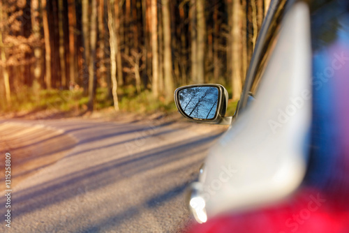 A car's side mirror reflects a view of a forest with tall trees. The edge of the car is partially visible, parked or moving along a paved road that curves gently.