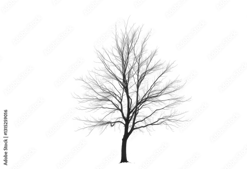 Fototapeta premium Lone deciduous tree, stark branches against pure white, single, graphic