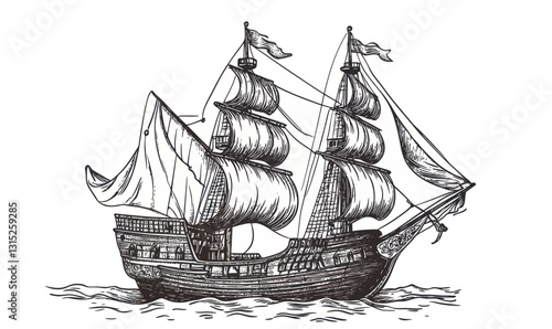 Intricate Hand-Drawn Pirate Ship Sketch Vector Illustration for Nautical Designs